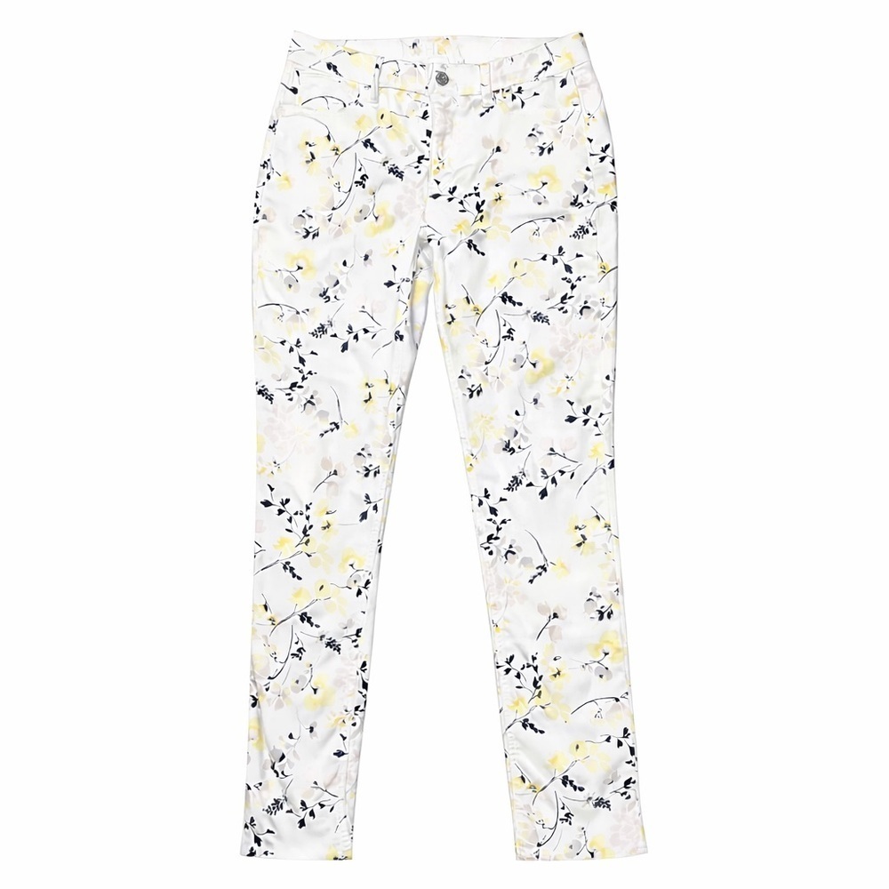 WHBM White Yellow Floral Slim Ankle Pants Size 6 High Rise Stretch Workwear Crop